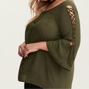 Torrid Olive Lace-Up Sleeve Blouse